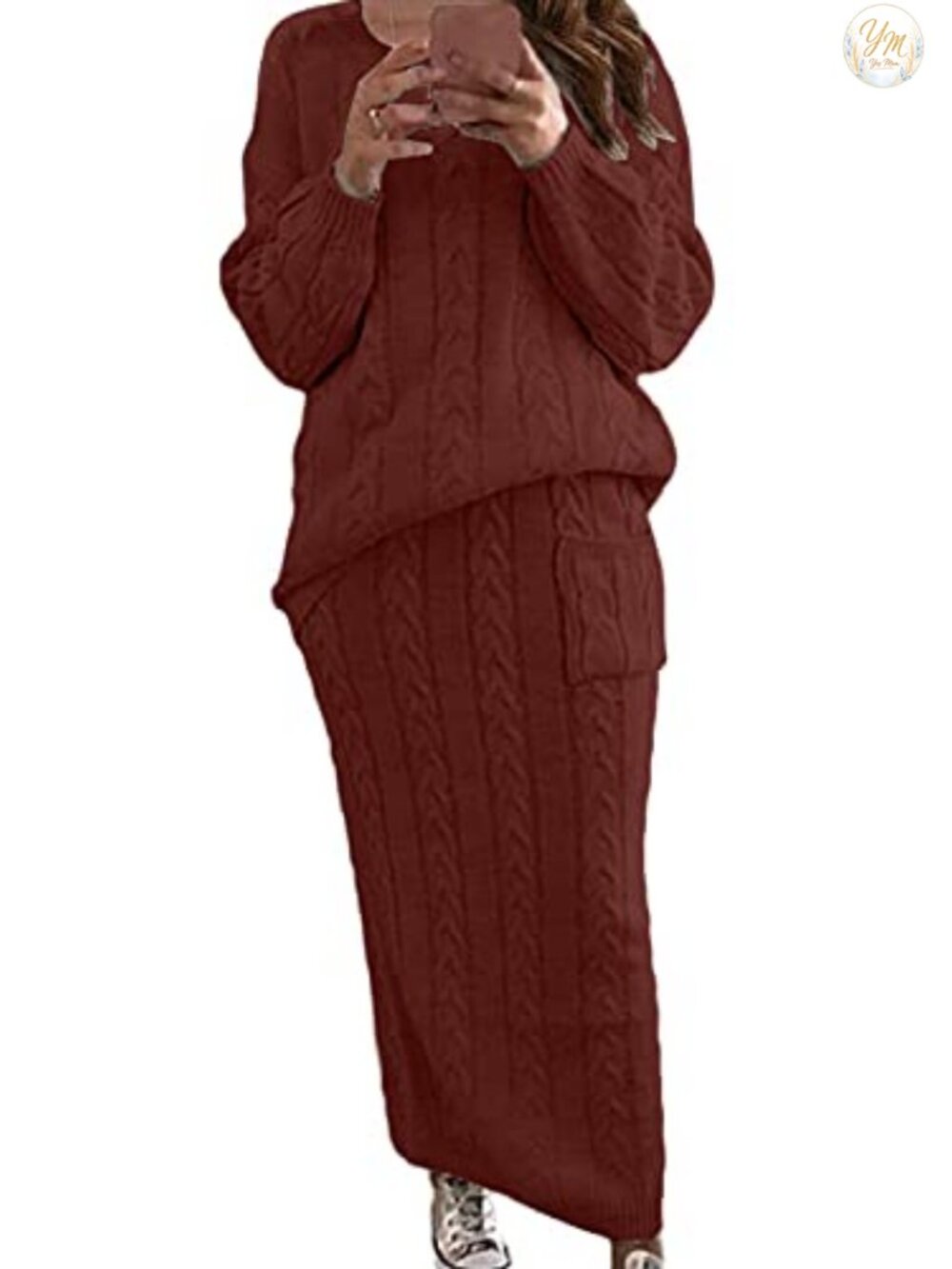 2 Piece Cable Knit Sweater and Midi Skirt Set Oversized Loungewear